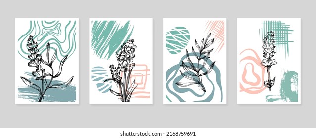 Set of Abstract Lavender Hand Painted Illustrations for Wall Decoration, minimalist flower in sketch style. Postcard, Social Media Banner, Brochure Cover Design Background. Modern Abstract Painting
