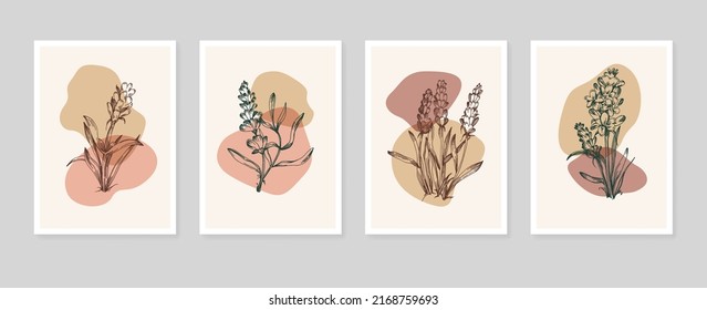 Set of Abstract Lavender Hand Painted Illustrations for Wall Decoration, minimalist flower in sketch style. Postcard, Social Media Banner, Brochure Cover Design Background. Modern Abstract Painting