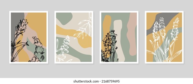 Set of Abstract Lavender Hand Painted Illustrations for Wall Decoration, minimalist flower in sketch style. Postcard, Social Media Banner, Brochure Cover Design Background. Modern Abstract Painting