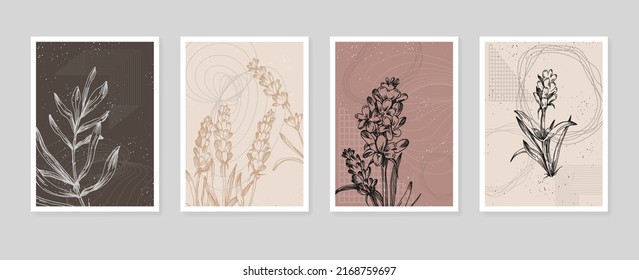 Conjunto de ilustraciones pintadas a mano de lavanda abstracta para la decoración de las paredes, flor minimalista con estilo de sketch. Postcard, Banner de medios sociales, Fondo de diseño de portada de folletos. Pintura abstracta moderna