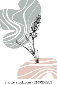 Set of Abstract Lavender Hand Painted Illustrations for Wall Decoration, minimalist flower in sketch style. Postcard, Social Media Banner, Brochure Cover Design Background. Modern Abstract Painting