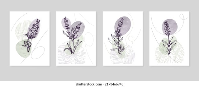 Set of Abstract Lavender Hand Painted Illustrations for Wall Decoration, minimalist flower in sketch style. Postcard, Social Media Banner, Brochure Cover Design Background. Modern Abstract Painting