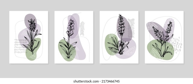 Set of Abstract Lavender Hand Painted Illustrations for Wall Decoration, minimalist flower in sketch style. Postcard, Social Media Banner, Brochure Cover Design Background. Modern Abstract Painting