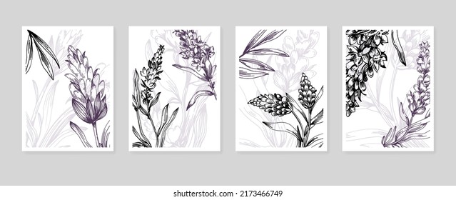 Conjunto de ilustraciones pintadas a mano de lavanda abstracta para la decoración de las paredes, flor minimalista con estilo de sketch. Postcard, Banner de medios sociales, Fondo de diseño de portada de folletos. Pintura abstracta moderna