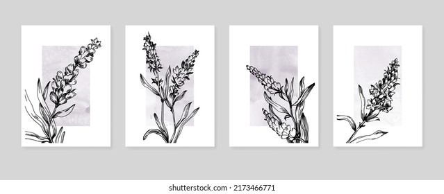 Set of Abstract Lavender Hand Painted Illustrations for Wall Decoration, minimalist flower in sketch style. Postcard, Social Media Banner, Brochure Cover Design Background. Modern Abstract Painting