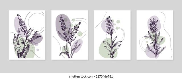 Conjunto de ilustraciones pintadas a mano de lavanda abstracta para la decoración de las paredes, flor minimalista con estilo de sketch. Postcard, Banner de medios sociales, Fondo de diseño de portada de folletos. Pintura abstracta moderna