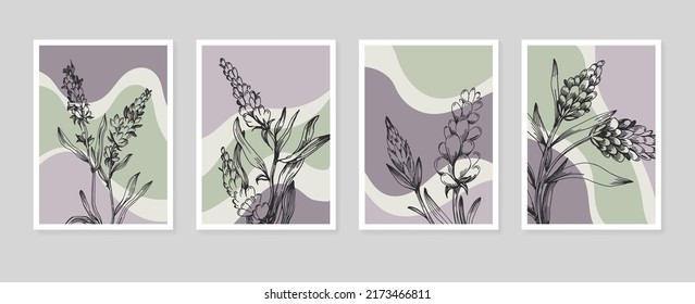 Conjunto de ilustraciones pintadas a mano de lavanda abstracta para la decoración de las paredes, flor minimalista con estilo de sketch. Postcard, Banner de medios sociales, Fondo de diseño de portada de folletos. Pintura abstracta moderna