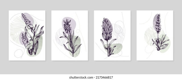 Conjunto de ilustraciones pintadas a mano de lavanda abstracta para la decoración de las paredes, flor minimalista con estilo de sketch. Postcard, Banner de medios sociales, Fondo de diseño de portada de folletos. Pintura abstracta moderna