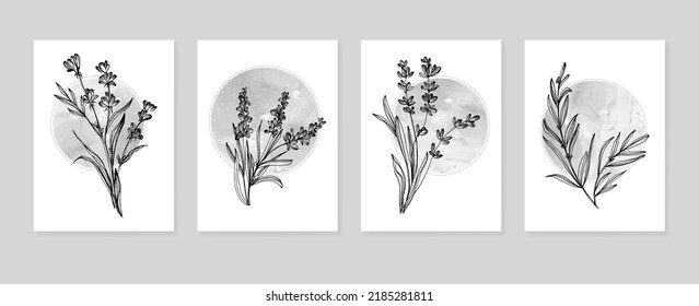 Set of Abstract Lavender Hand Painted Illustrations for Wall Decoration, minimalist flower in sketch style. Postcard, Social Media Banner, Brochure Cover Design Background. Modern Abstract Painting