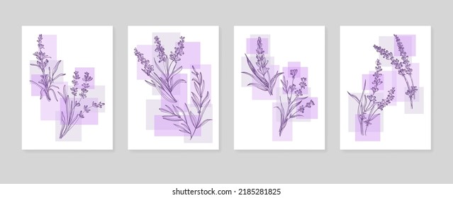 Set of Abstract Lavender Hand Painted Illustrations for Wall Decoration, minimalist flower in sketch style. Postcard, Social Media Banner, Brochure Cover Design Background. Modern Abstract Painting