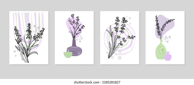 Set of Abstract Lavender Hand Painted Illustrations for Wall Decoration, minimalist flower in sketch style. Postcard, Social Media Banner, Brochure Cover Design Background. Modern Abstract Painting