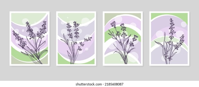 Conjunto de ilustraciones pintadas a mano de lavanda abstracta para la decoración de las paredes, flor minimalista con estilo de sketch. Postcard, Banner de medios sociales, Fondo de diseño de portada de folletos. Pintura abstracta moderna