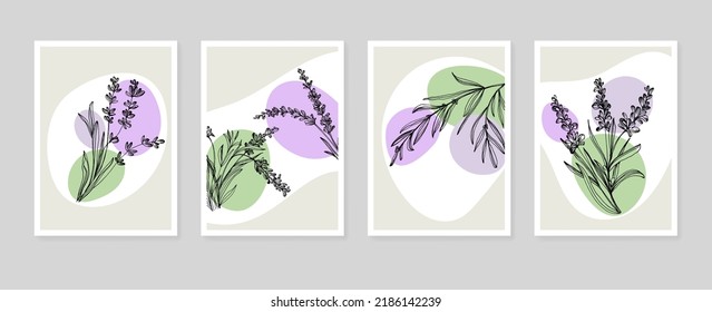 Conjunto de ilustraciones pintadas a mano de lavanda abstracta para la decoración de las paredes, flor minimalista con estilo de sketch. Postcard, Banner de medios sociales, Fondo de diseño de portada de folletos. Pintura abstracta moderna