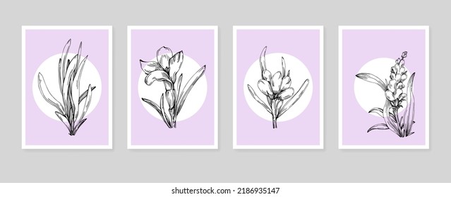 Set of Abstract lavender Hand Painted Illustrations for Wall Decoration, minimalist flower in sketch style. Postcard, Social Media Banner, Brochure Cover Design Background. Modern Abstract Painting