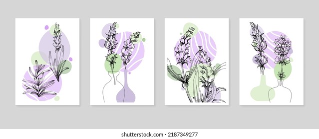 Conjunto de ilustraciones pintadas a mano de lavanda abstracta para la decoración de paredes, flor minimalista en estilo de sketch. Postcard, Banner de medios sociales, Fondo de diseño de portada de folletos. Pintura abstracta moderna