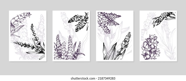 Set of Abstract Lavender Hand Painted Illustrations for Wall Decoration, minimalist flower in sketch style. Postcard, Social Media Banner, Brochure Cover Design Background. Modern Abstract Painting