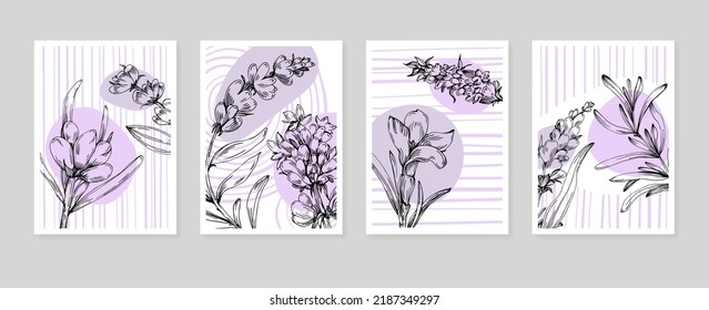 Conjunto de ilustraciones pintadas a mano de lavanda abstracta para la decoración de paredes, flor minimalista en estilo de sketch. Postcard, Banner de medios sociales, Fondo de diseño de portada de folletos. Pintura abstracta moderna