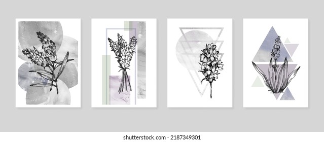 Set von abstrakten, handgemalten Illustrationen für die Wanddekoration, minimalistische Blume im Skizzenstil. Postkarte, Social Media Banner, Broschüre Cover Design Hintergrund. Moderne abstrakte Malerei