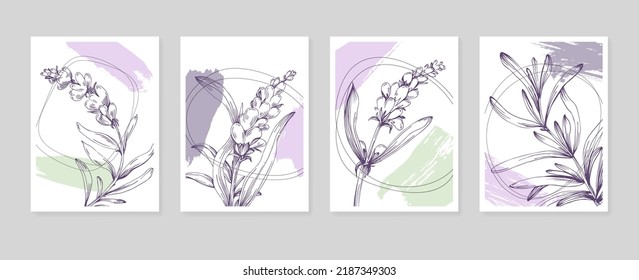 Conjunto de ilustraciones pintadas a mano de lavanda abstracta para la decoración de paredes, flor minimalista en estilo de sketch. Postcard, Banner de medios sociales, Fondo de diseño de portada de folletos. Pintura abstracta moderna