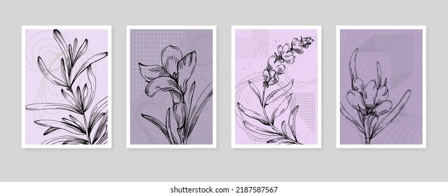 Set of Abstract lavender Hand Painted Illustrations for Wall Decoration, minimalist flower in sketch style. Postcard, Social Media Banner, Brochure Cover Design Background. Modern Abstract Painting