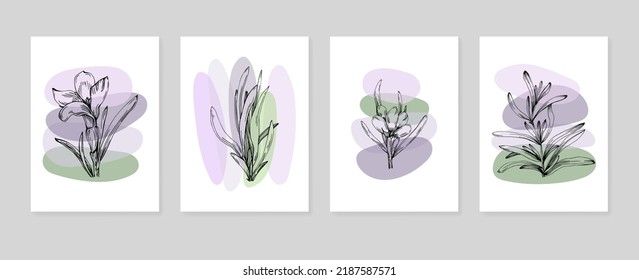 Set of Abstract lavender Hand Painted Illustrations for Wall Decoration, minimalist flower in sketch style. Postcard, Social Media Banner, Brochure Cover Design Background. Modern Abstract Painting