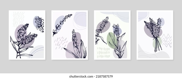 Conjunto de ilustraciones pintadas a mano de lavanda abstracta para la decoración de las paredes, flor minimalista con estilo de sketch. Postcard, Banner de medios sociales, Fondo de diseño de portada de folletos. Pintura abstracta moderna