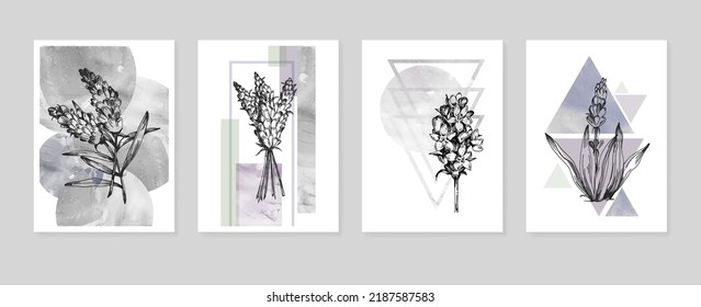Set von abstrakten, handgemalten Illustrationen für die Wanddekoration, minimalistische Blume im Skizzenstil. Postkarte, Social Media Banner, Broschüre Cover Design Hintergrund. Moderne abstrakte Malerei