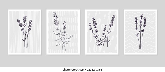 Set of Abstract Lavender Hand Painted Illustrations for Wall Decoration, minimalist flower in sketch style. Postcard, Social Media Banner, Brochure Cover Design Background. Modern Abstract Painting.