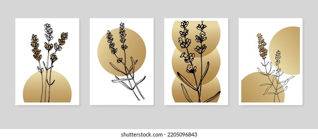 Conjunto de ilustraciones pintadas a mano de lavanda abstracta para la decoración de las paredes, flor minimalista con estilo de sketch. Postcard, Banner de medios sociales, Fondo de diseño de portada de folletos. Pintura Resumen Moderna.