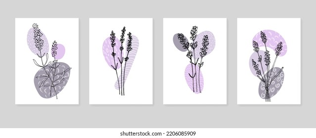 Conjunto de ilustraciones pintadas a mano de lavanda abstracta para la decoración de las paredes, flor minimalista con estilo de sketch. Postcard, Banner de medios sociales, Fondo de diseño de portada de folletos. Pintura Resumen Moderna.