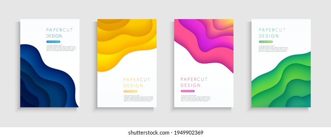 Set of abstract layered wavy shape background with copy space. Blue, yellow, pink, green color paper cut collection design. Modern curve pattern trendy color, Origami concept. Vector illustration