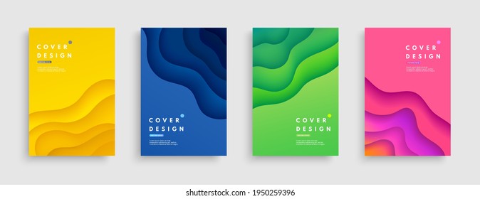 Set of abstract layered wavy shape background with copy space. Blue, yellow, pink, green color paper cut collection design. Modern curve pattern trendy color, Origami concept. Vector illustration