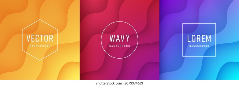 Set of abstract layered wavy shape Yellow, Pink-purple and Blue color background with copy space. Trendy color paper cut design. Modern fluid curve vector pattern, Origami concept. Topographic style.