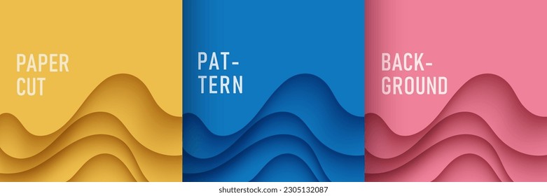 Satz abstrakter Lagen, geschwungener Paperschnitt auf gelbem, rosafarbenem und blauem Hintergrund. Einfaches minimales Muster-Design mit Kopienraum. Verwenden Sie für Cover-Vorlage, Poster, Web-Banner, Print-Werbung. Vektor EPS10.