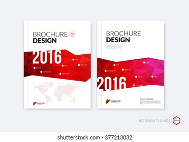 Set of abstract layout brochure, cover annual report template, magazine, flyer or booklet design in A4 with red geometric shapes on polygonal background. Vector Illustration.

