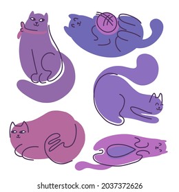 Set of abstract lazy cats with a contour drawing. Hand-drawn flat pets. Vector playful kittens. Fashion animal illustration