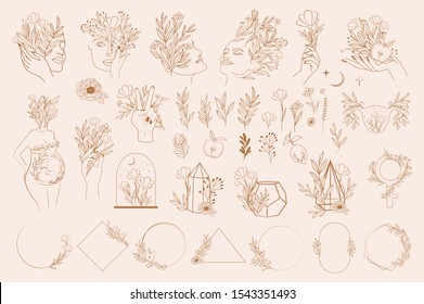 Set of abstract leaf and flower elements, hands and girl portrait in one line style. Illustration in minimalistic style. Editable vector illustration