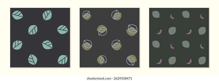 Conjunto de padrões contínuos de motivos de folhas abstratos. Lindos minimalista folha padrão ideias imprimíveis para homens camisas, papel de parede, cartaz, fundos, modelos, folhetos, laminados, decoração de casa. Vetor 