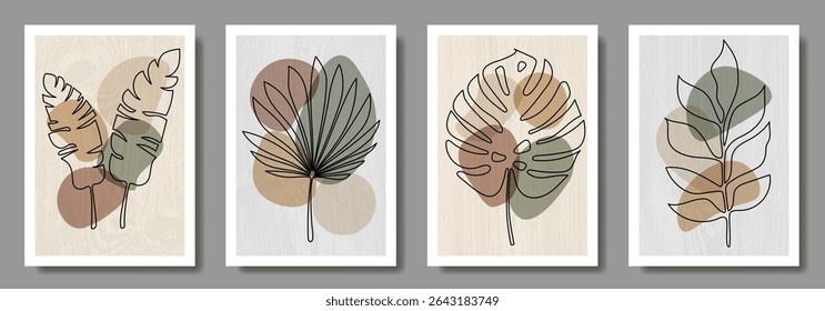 Set of abstract leaves and earth tone geometric shapes for interior. Modern wall decoration collection design for poster, cover, card. Leaves in hand drawn. Artistic template. One line drawing.