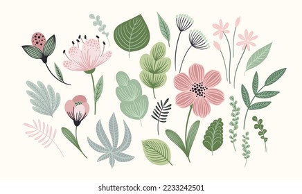 Set of abstract leaves, flowers and grass. Clipart, isolated elements. Vector illustrations.