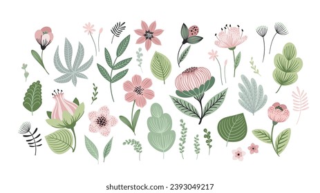 Set of abstract leaves, flowers and grass. Clipart, isolated elements. Vector illustrations.