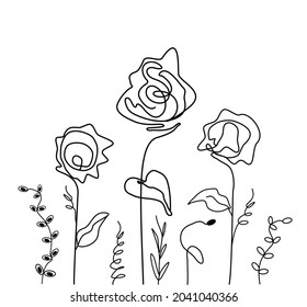 Un conjunto de hojas abstractas, flores. rosas aisladas sobre un fondo blanco. ilustración a mano en el estilo minimalista. arte de una línea. para impresión, banner, tarjeta, idea de vacaciones. fondo de pantalla vectorial