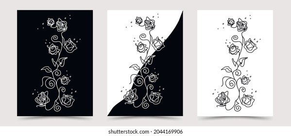 A set of abstract leaves, flowers. isolated roses on a black,white background. hand-drawn illustration in the style of minimalism.  art of one line. for print, wall pan, wallpaper, banner. vector 