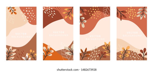 Set of abstract leaves vector modern stories background. Geometric floral illustration template background. Flat colorful liquid shape.