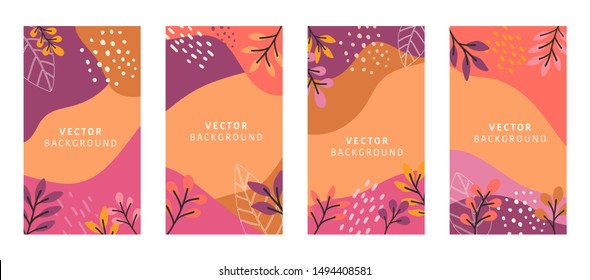 Set of abstract leaves vector modern stories background. Geometric floral illustration template background. Flat colorful liquid shape.