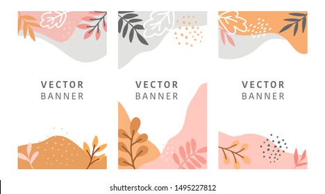 Set of abstract leaves vector modern stories background. Hand drawn floral illustration template background. Flat colorful liquid shape.