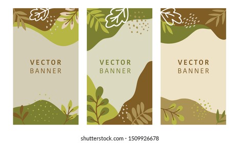 Set of abstract leaves vector modern stories background. Hand drawn floral illustration template background. Flat colorful liquid shape.