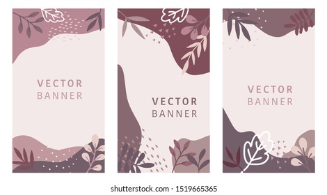 Set of abstract leaves vector modern stories background. Geometric floral illustration template background. Flat colorful liquid shape.