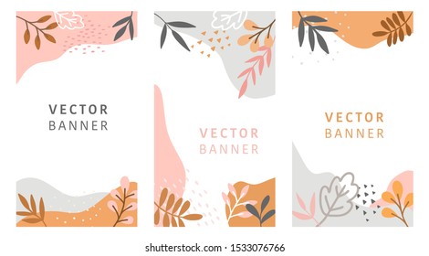 Set of abstract leaves vector modern stories background. Geometric floral illustration template background. Flat colorful liquid shape.