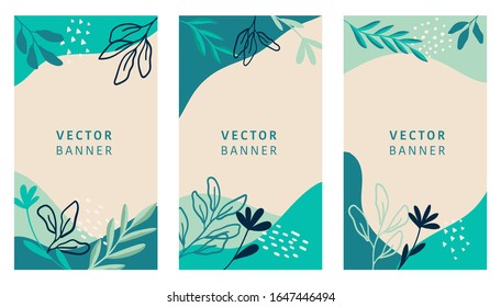 Set of abstract leaves vector modern stories background. Geometric floral illustration template background. Flat colorful liquid shape.
